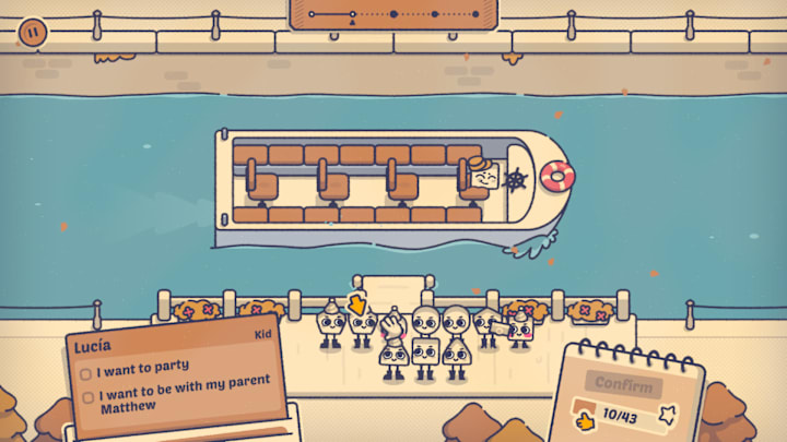 Various shapes with arms and legs standing ready to board a boat.;