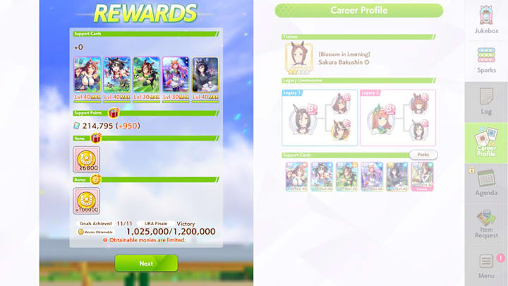 Umamusume Golshi Mode extra rewards screenshot.