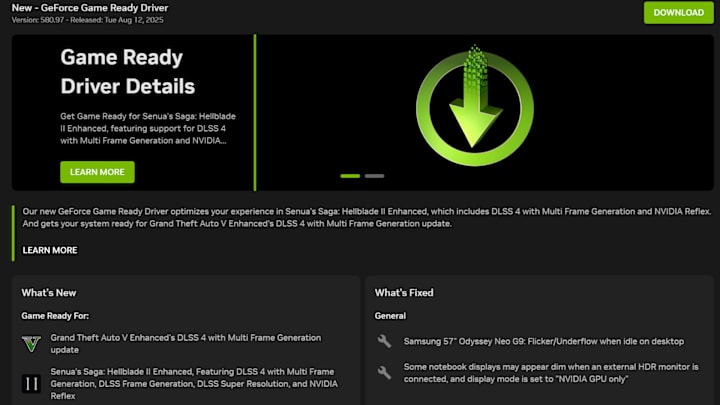 A screenshot of the Nvidia Game Ready Driver update page showing support for Multi Frame Generation in GTA 5 Enhanced.