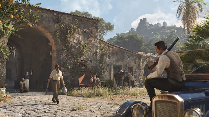 Enzo approaches a car with a bag of money in hand in Mafia The Old Country