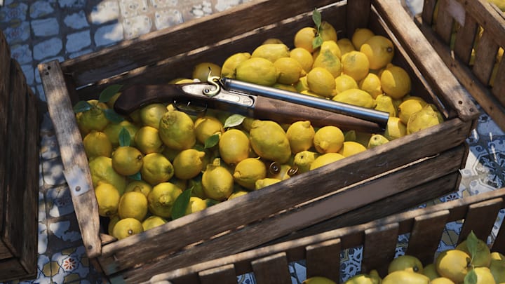 A sawn off shotgun in a crate of lemons in Mafia The Old Country