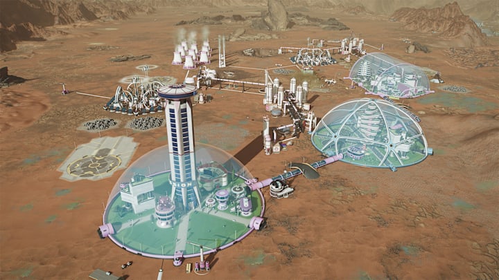 Surviving Mars: Relaunched screenshot of a city on the surface of Mars.