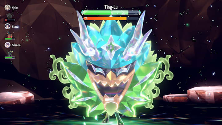A Terastalized Teal Mask Ogerpon in a Tera raid against shiny Ting-Lu