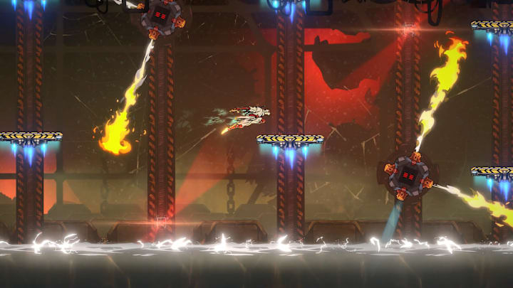 A ninja dashing between floating platforms as flames spin around them.