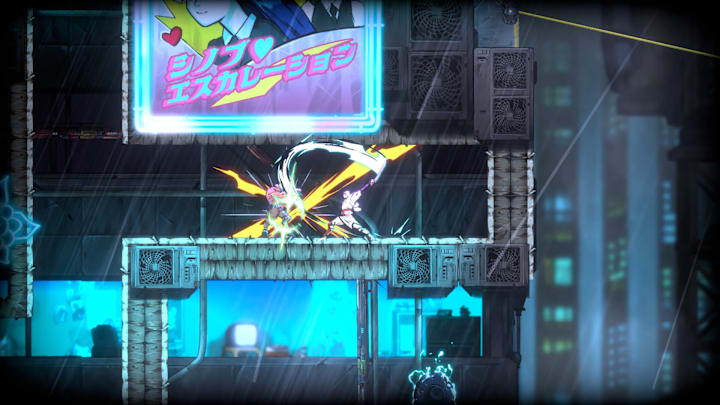 A ninja slashing a demon with a shining sword.