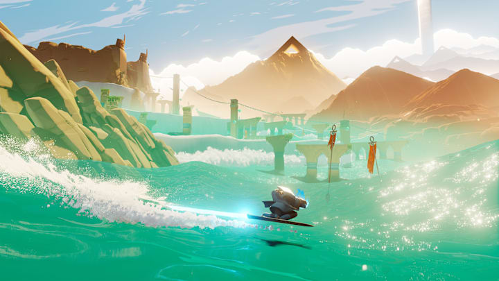 A knight riding their sword like a surfboard over rolling waves.