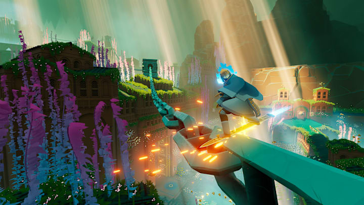 A knight grinding his sword along a giant chain to ride along it.
