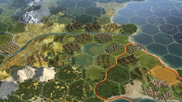 Civilization 5 screenshot showing large armies facing each other.