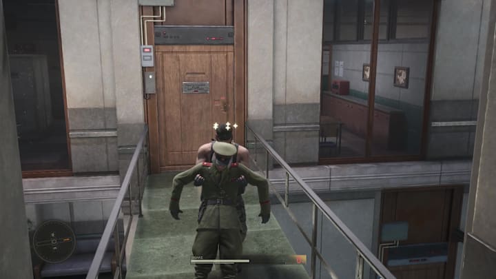 Drag the unconscious Raikov over the bridge and into the locker room.