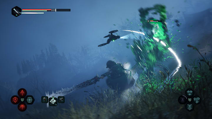 A hooded man slashing a strange monster with a long sword as a drone hovers above them.
