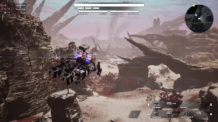 A large mech flying through the sky over a barren land.