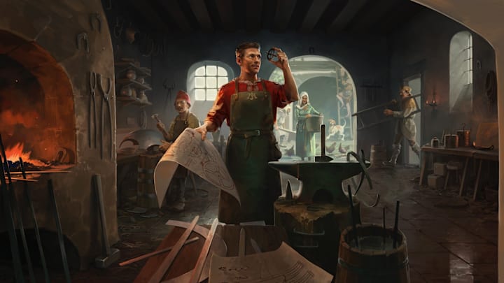 A man looking at a piece of metal in front of an anvil.