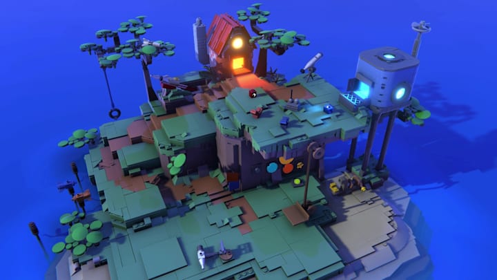 An island made of lego with two little houses on it.