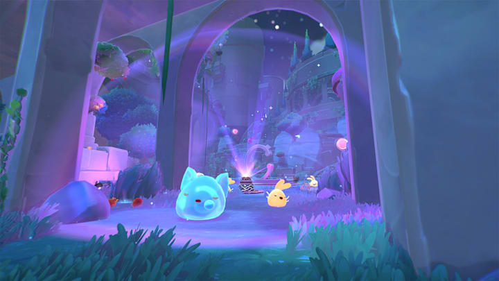 A slime with cat ears and a slime wiht bunny ears in some ruins.