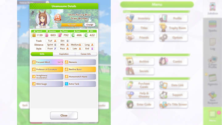 Umamusume screenshot of an A-Rank Grass Wonder.
