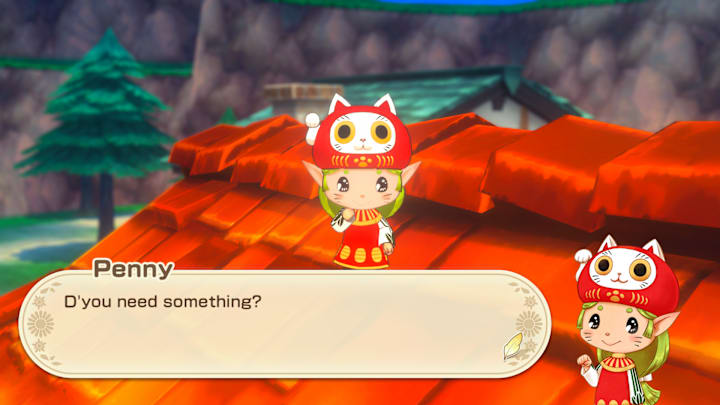 A small sprite on a rooftop wearing a red dress and a waving cat hat.