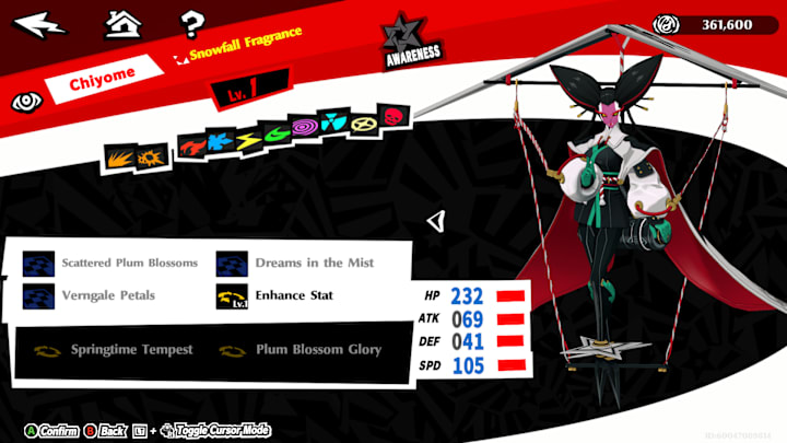 Chiyome, a humanoid Persona with big hair that sticks out like ears, standing on the base of a paper glider.