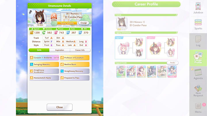 Umamusume screenshot showing A-Rank El Condor Pasa stats.