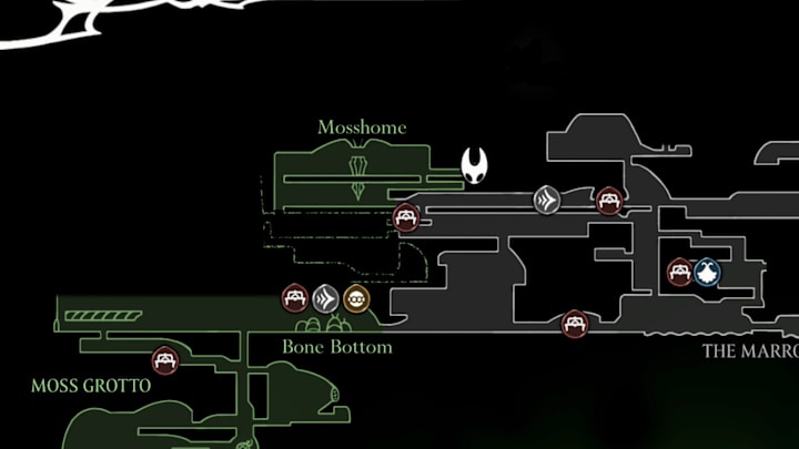 A map showing the location of the Moss Druid in Hollow Knight Silksong's Mosshome region. 