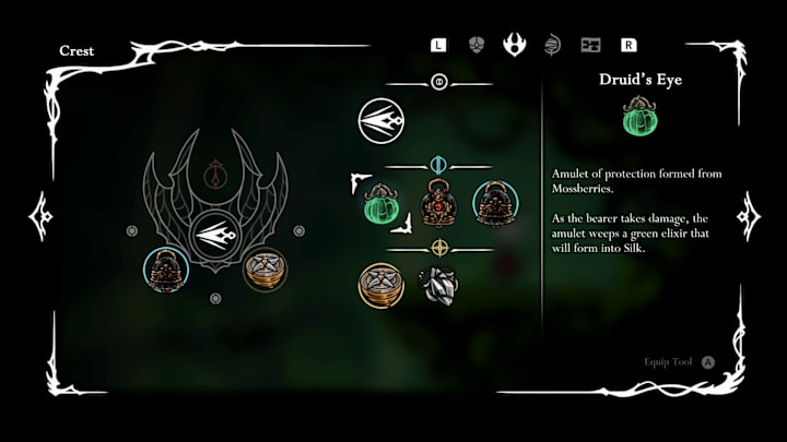 An equipment screen showing the Druid's Eye tool in Hollow Knight Silksong. 