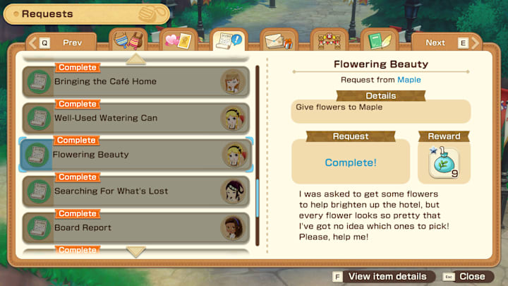 Flowering Beauty in the quest menu.