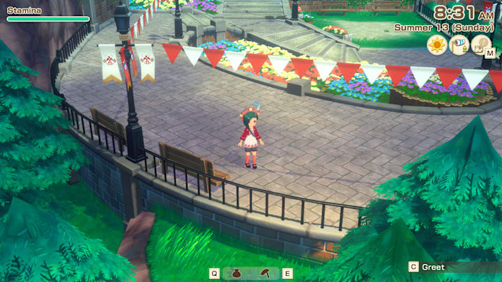 The player standing next to a bench on a paved path, with bunting hanging from the lamps.