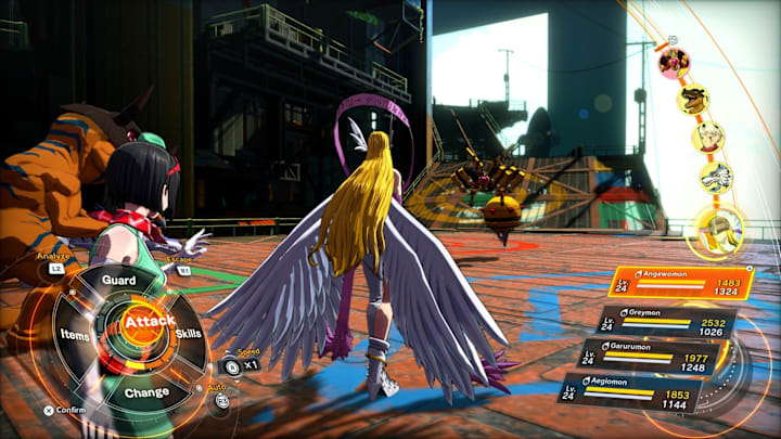 A player commanding an Angewomon and a Greymon in combat in Digimon Story Time Stranger