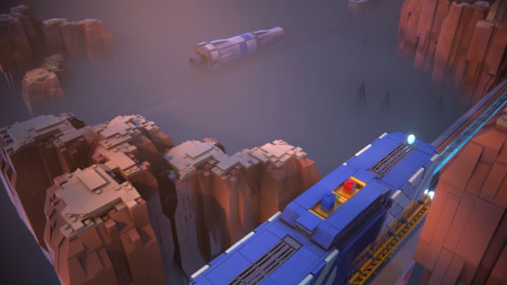 A red and blue lego brick riding along a train with a rocket segment in the distance.