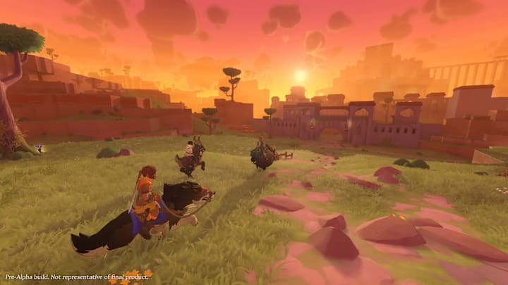 Farever screenshot of adventurers riding into a town at sunset.