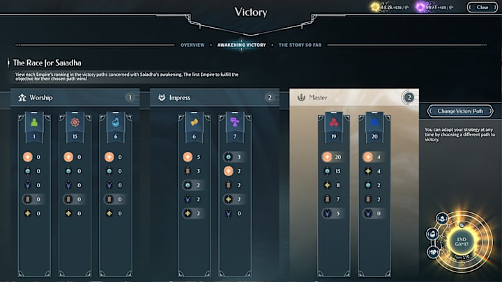 Endless Legend 2 screenshot showing win conditions.