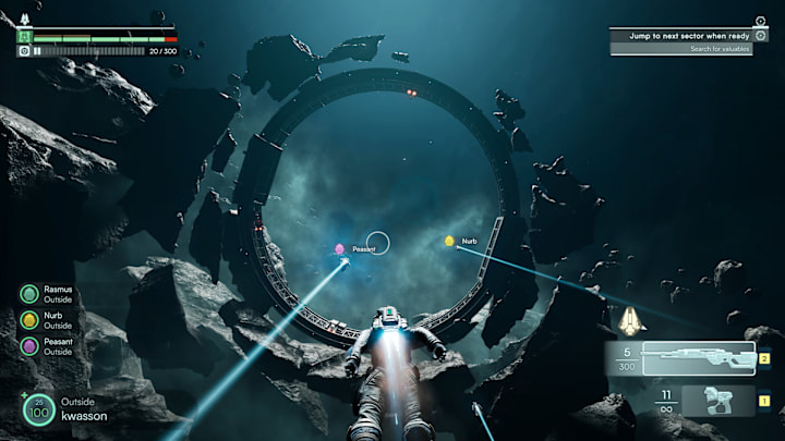 Players jetpack through space toward a large ring structure in Jump Space
