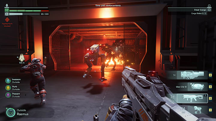 Players fight on foot with guns as robots pour through a door in Jump Space's first-person shooter sections