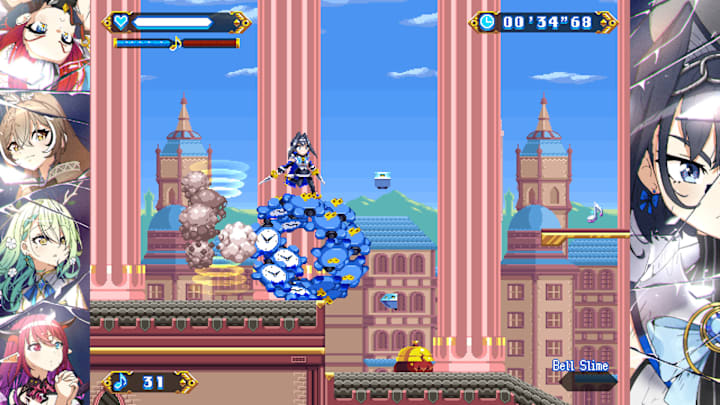 Kronii riding on a wheel of blue clocks through a town.