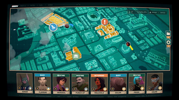 A map of the city with various crises and superheroes that can be assigned to them.