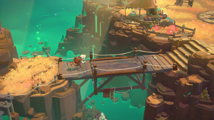 Will running across a bridge over a canyon with water at the bottom.