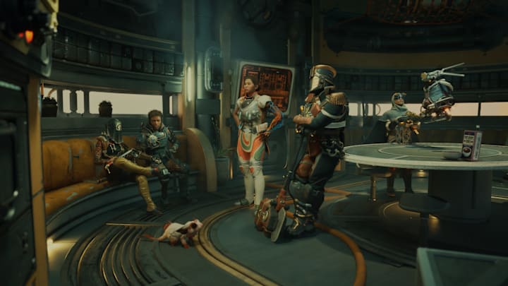 Various companions sitting and chatting in a longue room on a spaceship.