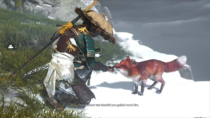 Atsu pets a fox, Ghost of Yotei
