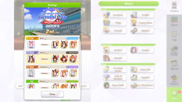 Umamusume Gemini Cup results page.