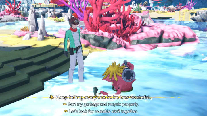 A player interacting with a Garbagemon, answering personality-shifting questions.