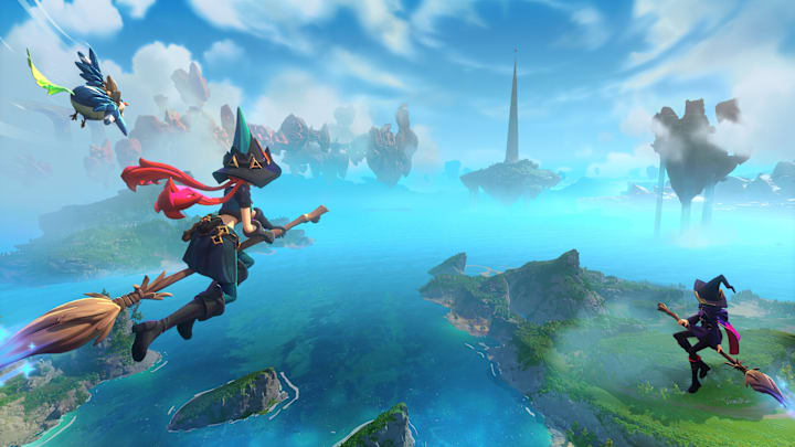 Witchspire screenshot of witches flying on brooms.