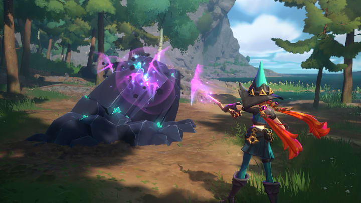 Witchspire screenshot of a witch harvesting ores with magic.