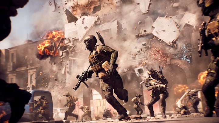 A building crumbles as a soldier runs away in Battlefield 6