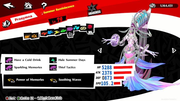 Prosymna, a humanoid Persona with a long flowing pink dress and a massive harp coming out of its back.