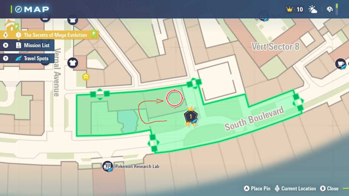 A map with an arrow on it showing the route to take to reach shiny Mareep.