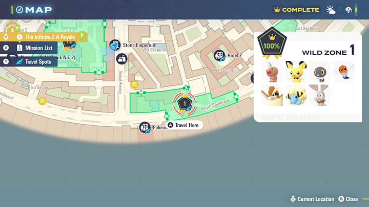A map showing the location of Wild Zone 1 and its spawns