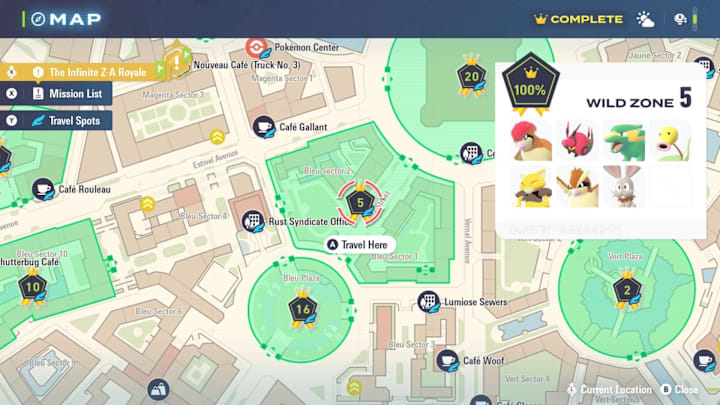 A map showing the location of Wild Zone 5  and its spawns