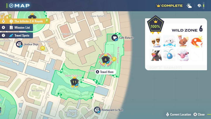 A map showing the location of Wild Zone 6 and its spawns