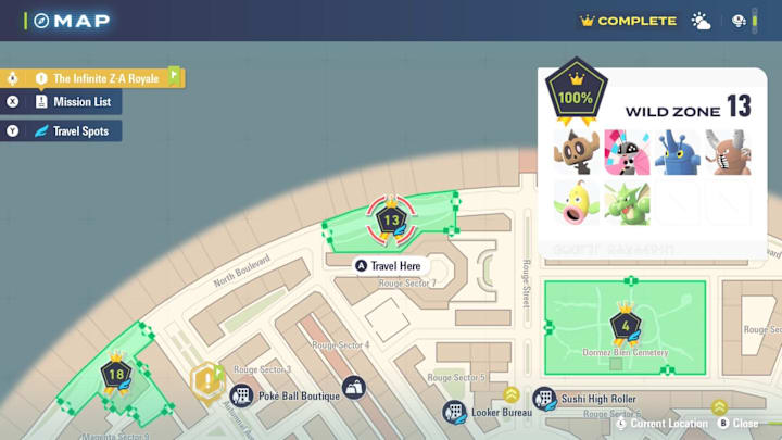 A map showing the location of Wild Zone 13 and its spawns