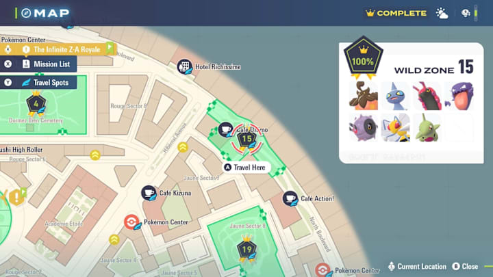 A map showing the location of Wild Zone 15 and its spawns