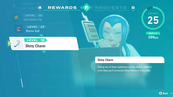 Mabel's Reasearch Menu with the Shiny Charm highlighted.